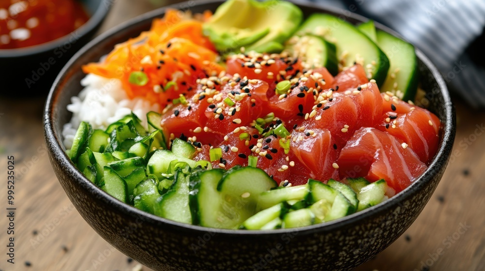 A colorful poke bowl with fresh tuna, avocado, cucumber, and sesame seeds, served over rice. A colorful poke bowl with fresh tuna, avocado, cucumber, and sesame seeds, served over rice.