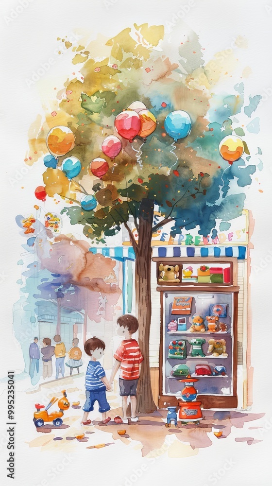 Naklejka premium A boy and a girl are standing in front of a store with a tree in the background