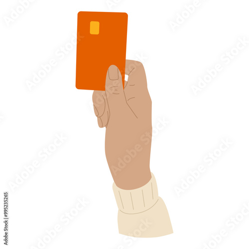 Hand holding bank card. Cashless payment for goods and services. People use card for online payment. Financial transaction. Vector illustration isolated on transparent background.