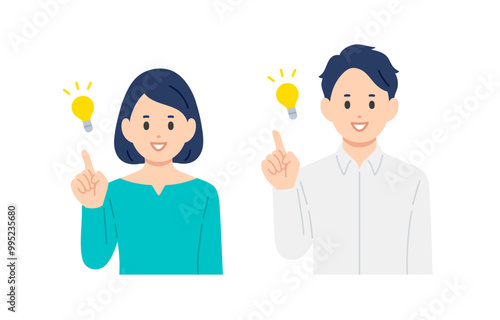 ひらめきのポーズをする若い男女のセット【人物ベクターイラスト素材】