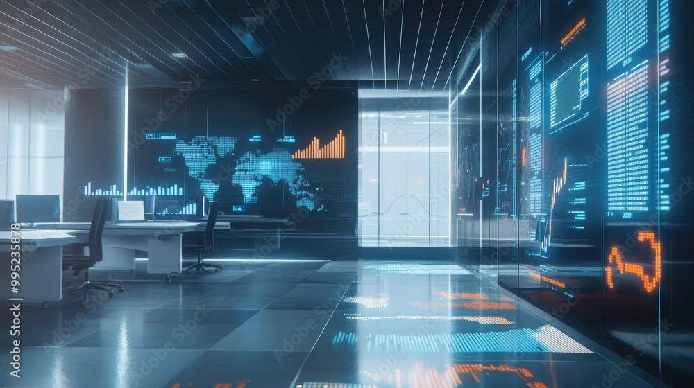 A conceptual image of data analytics with digital graphs and charts floating in a futuristic office environment. A conceptual image of data analytics with digital graphs and charts floating in a futuristic office environment.