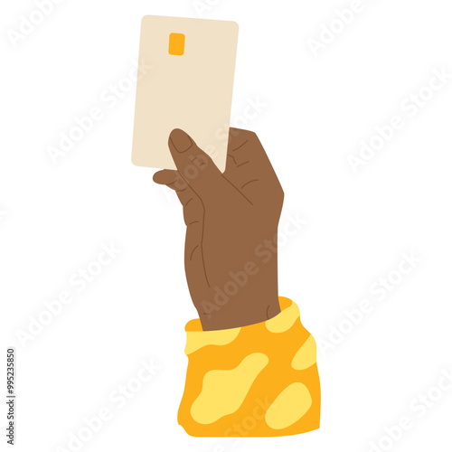Hand holding bank card. Cashless payment for goods and services. People use card for online payment. Financial transaction. Vector illustration isolated on transparent background.