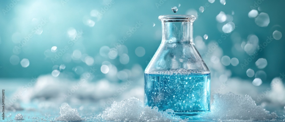 A glass flask filled with blue liquid surrounded by bubbles on a bright blue background A glass flask filled with blue liquid surrounded by bubbles on a bright blue background