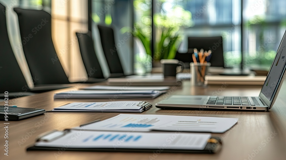 A conference room table with business documents, notepads, and a laptop ready for a meeting. A conference room table with business documents, notepads, and a laptop ready for a meeting.