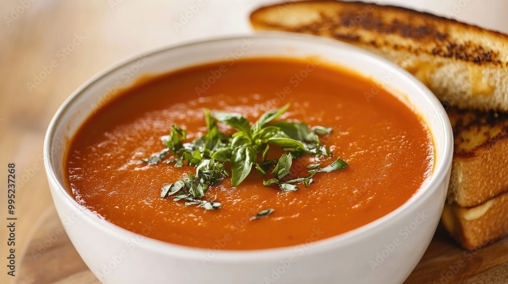 A cozy bowl of tomato soup garnished with basil, served with a side of grilled cheese sandwiches. A cozy bowl of tomato soup garnished with basil, served with a side of grilled cheese sandwiches.