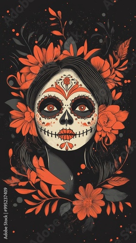 A woman's face with a skeleton on it and flowers around it