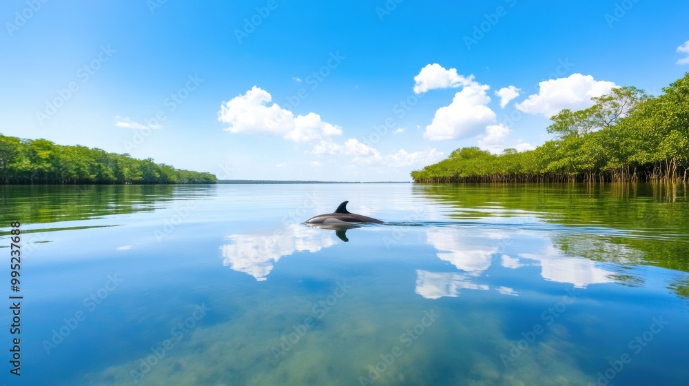 Naklejka premium Dolphin Swimming in Calm Mangrove Waters