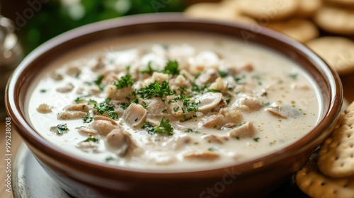 A creamy bowl of clam chowder, garnished with fresh parsley and served with oyster crackers on the side.