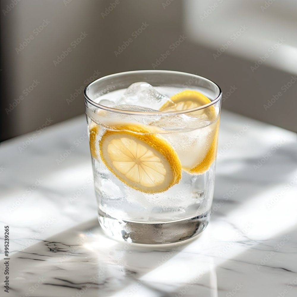 A crystal-clear glass of ice-cold water with lemon slices, placed on a white marble table with a minimalist background A crystal-clear glass of ice-cold water with lemon slices, placed on a white marble table with a minimalist background