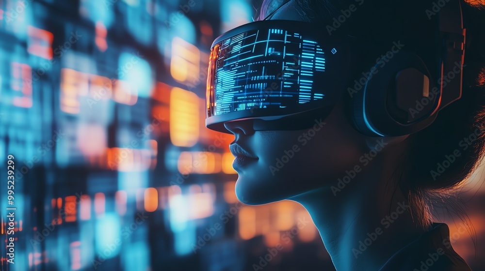 Woman using virtual reality headset, neon lights Woman using virtual reality headset, neon lights