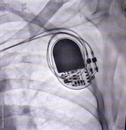 X ray image showed dual chamber permanent pacemaker (PPM) in left chest at Cath Laboratory. photo