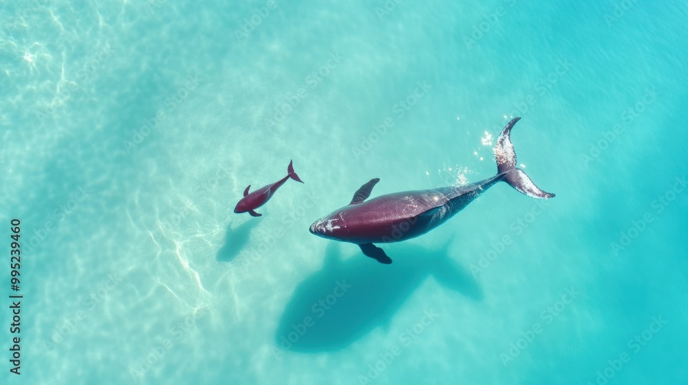 Fototapeta premium Whale and Calf Swimming in Clear Blue Water
