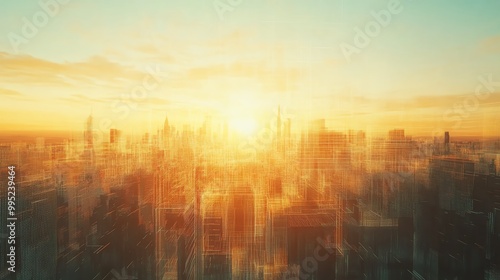 City skyline at sunset with soft lighting