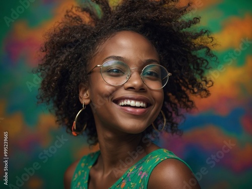 Young Black woman with curly black hair, wearing round glasses and green floral dress, smiling against colorful abstract background