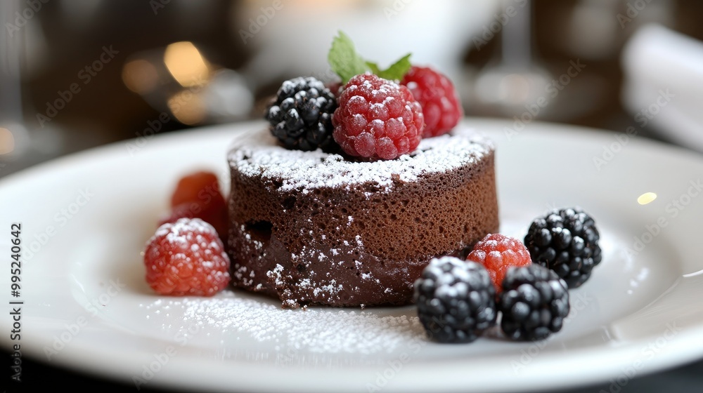 A decadent chocolate fondant cake with a molten center, dusted with powdered sugar and served with berries. A decadent chocolate fondant cake with a molten center, dusted with powdered sugar and served with berries.