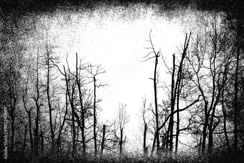 Messy autumn forest with dead trees, Bare trees with branches on grunge background. Black and white illustration	