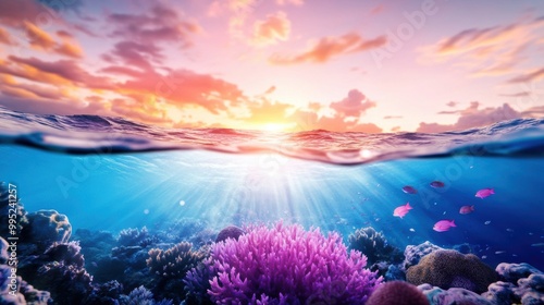 Vibrant Coral Reef Underwater at Sunset