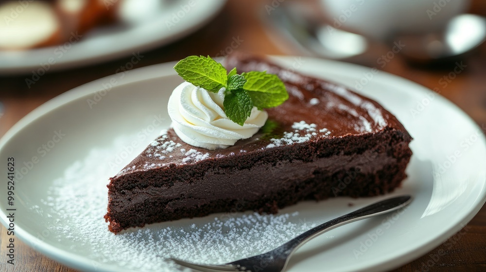 A decadent slice of flourless chocolate cake topped with whipped cream and a sprig of mint. A decadent slice of flourless chocolate cake topped with whipped cream and a sprig of mint.