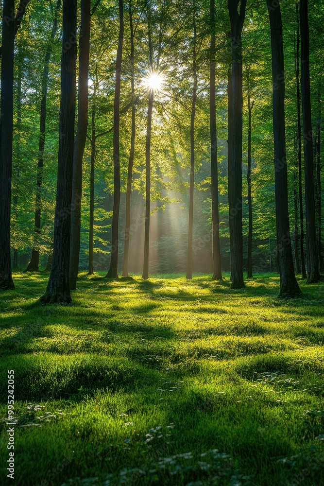 Obraz premium Serene Forest with Sun Rays and Mist