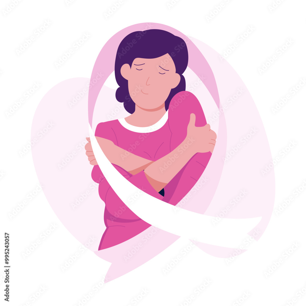 Woman with cancer awareness ribbon, flat illustration Woman with cancer awareness ribbon, flat illustration