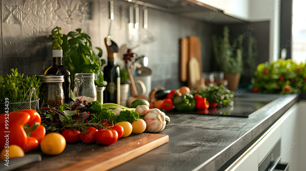Fresh fruits, vegetables, and herbs on the kitchen counter, ready to be used for a nutritious home-cooked meal. Fresh fruits, vegetables, and herbs on the kitchen counter, ready to be used for a nutritious home-cooked meal.