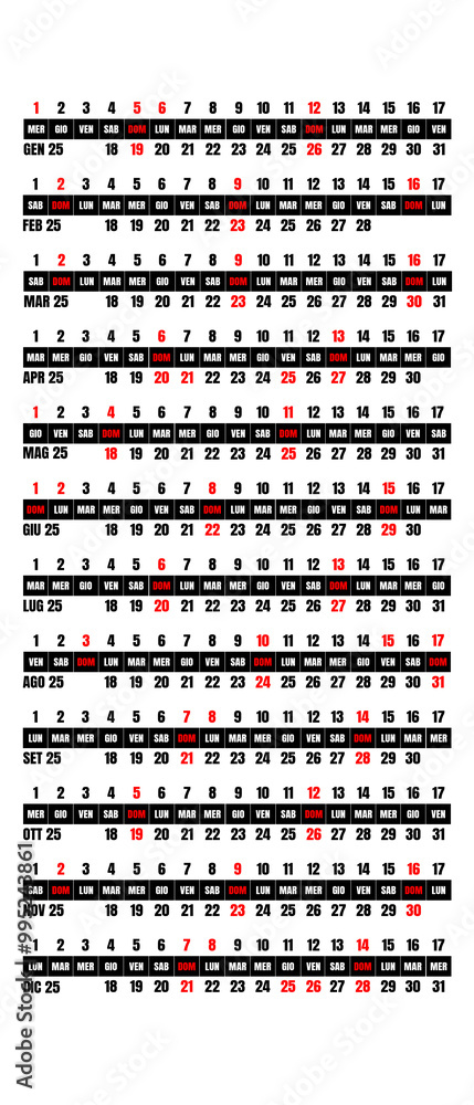 Calendario Datario 2025 Moderno - Griglia Annuale Completa Calendario Datario 2025 Moderno - Griglia Annuale Completa