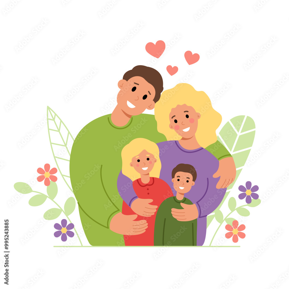 Happy loving family with children hugging isolated on white background. Couple husband and wife, daughter and son. Vector stock illustration. Happy loving family with children hugging isolated on white background. Couple husband and wife, daughter and son. Vector stock illustration.