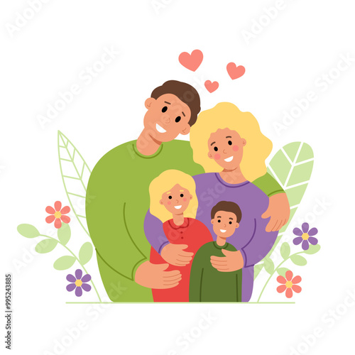 Happy loving family with children hugging isolated on white background. Couple husband and wife, daughter and son. Vector stock illustration.