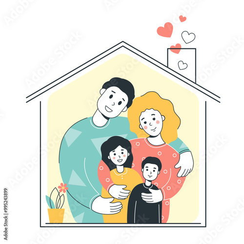 Happy family hugging, mom dad and children at home. Isolated on white background. Concept of buying a home, mortgage, new life. Vector stock illustration.