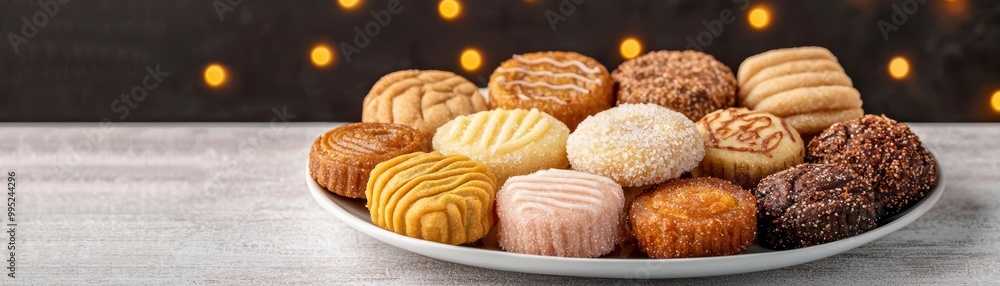 Traditional sweets on a festive table setting, with Diwali lights in the background, Diwali element sweets family, celebration and festivity Traditional sweets on a festive table setting, with Diwali lights in the background, Diwali element sweets family, celebration and festivity
