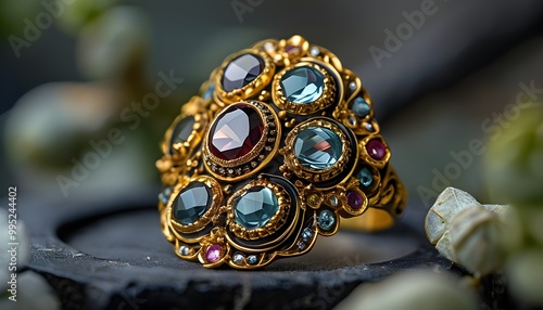 intricate gold ring adorned with vibrant gemstones on a dark metal band, nestled among lush natural elements