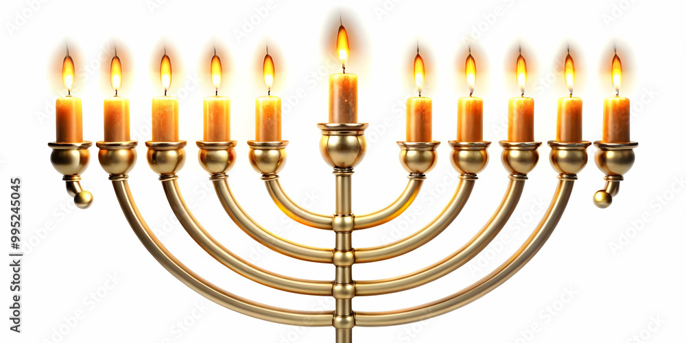 Flying Menorah with Glowing Candles Isolated on White Background - Futuristic Hanukkah Design with Weightless Effect Flying Menorah with Glowing Candles Isolated on White Background - Futuristic Hanukkah Design with Weightless Effect
