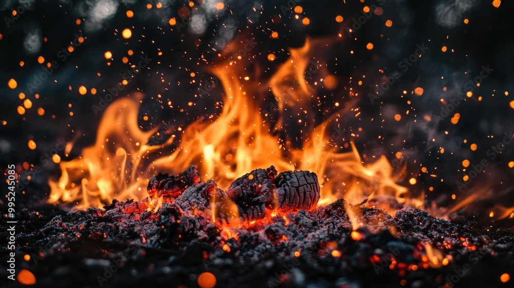 Embers Glow with Fiery Orange Flames, Sparks Dancing Upward, a Dramatic Close-up Embers Glow with Fiery Orange Flames, Sparks Dancing Upward, a Dramatic Close-up