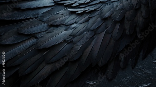 Halloween background with black raven feathers on dark grunge backdrop Horror gothic abstract design with copyspace Closeup of bird wing texture : Generative AI