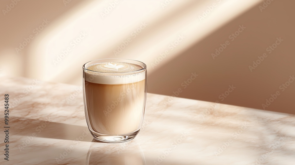 A glass of café con leche rests on polished marble, embodying a cozy café ambiance. A glass of café con leche rests on polished marble, embodying a cozy café ambiance.
