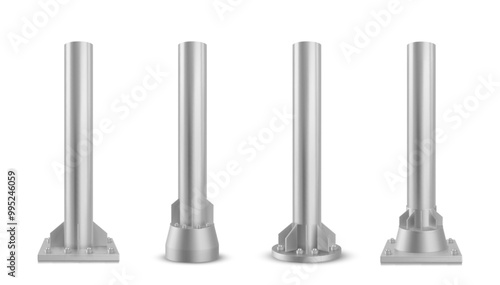 3d metal pillar. Iron steel pole stand vector. Cylinder pipe structure for road board base. Silver street billboard stick mockup for advertising construction isolated set. Realistic streetlamp holder