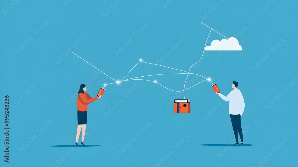 of Two People Using Portable Walkie Talkie Devices to Communicate Wirelessly Across a Distance Connecting via Radio Waves and Signals of Two People Using Portable Walkie Talkie Devices to Communicate Wirelessly Across a Distance Connecting via Radio Waves and Signals