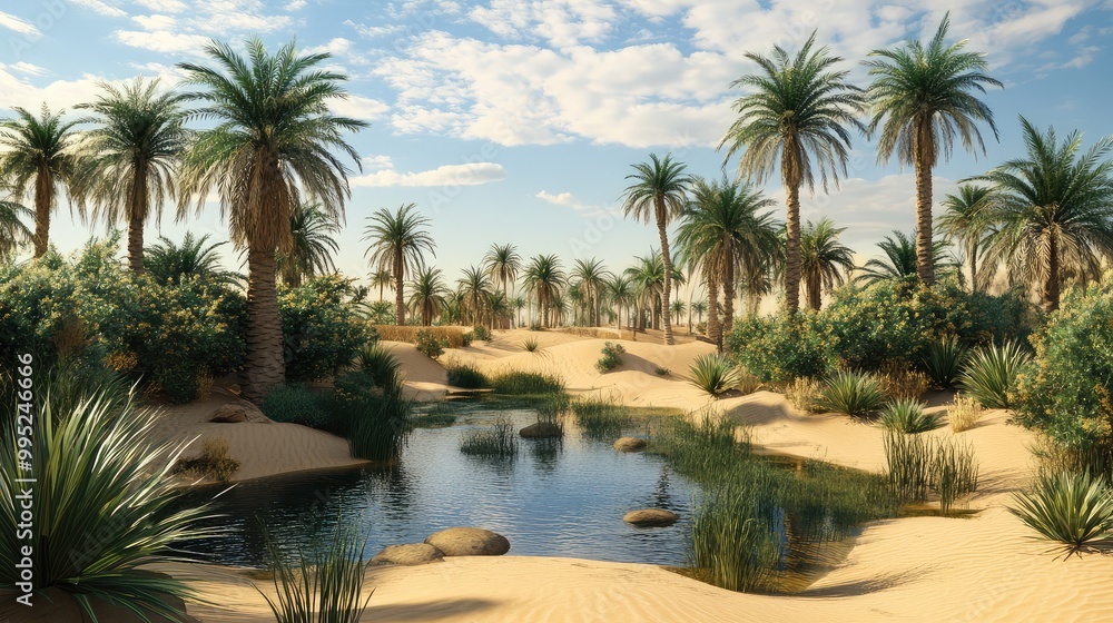 A tranquil oasis in the desert with palm trees and a small pond A tranquil oasis in the desert with palm trees and a small pond