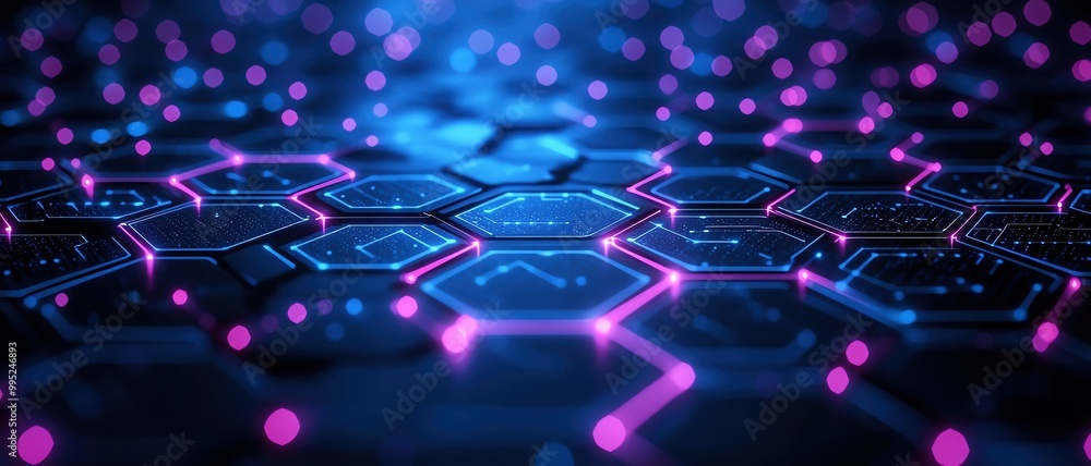 Pulsating grid of glowing hexagons in deep blues and purples, representing the complexity of AI algorithms Pulsating grid of glowing hexagons in deep blues and purples, representing the complexity of AI algorithms