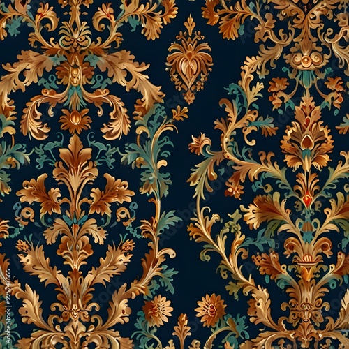 Elegant Baroque Floral Pattern with Gold and Green Accents 