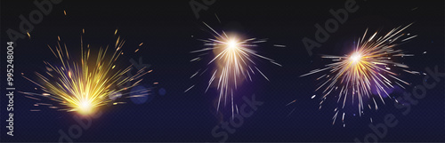 Metal weld spark light effect. Firework flare isolated on transparent background. Torch flame explosion with hot flying firecracker. 3d realistic golden starburst sparkle design. Energy from grinder