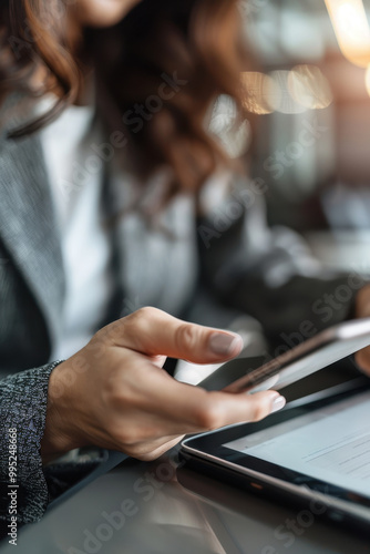 At the office, a businesswoman is using a mobile smart phone or a digital tablet computer. focus is on her hand, which is holding the smartphone