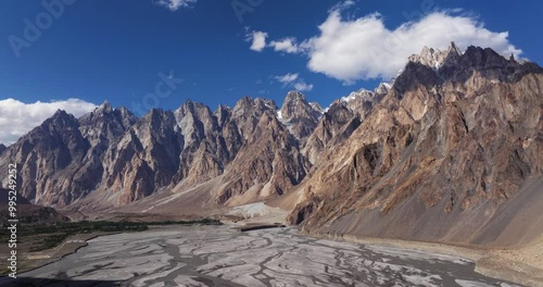 Drone Flying Away from Famous Passu Cones Mountains, Pakistan. Hunza River photo