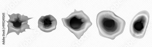 Gun bullet hole in target. Metal gunshot vector isolated. Military crack mark illustration on white background. Bullit shoot break element frame. Violence and destruction texture on wall set