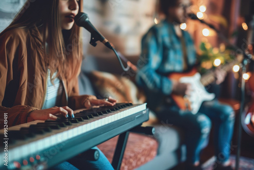 Band Playing Music Indoors: Woman on Couch Plays Keyboards and Sings into Microphone, Man Plays Electric Guitar