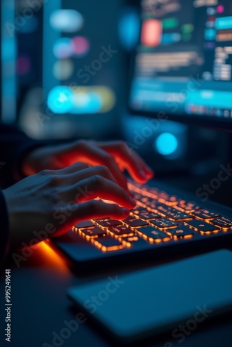 Focused hands typing on the keyboard, tracking real-time stock market data on the monitor.