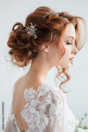 Beautiful Bride with Fashion Wedding Hairstyle on White Background