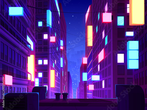 Modern night city rooftop view. Vector cartoon illustration of skyscraper towers with pink and blue neon signboards, yellow light in illuminated windows, futuristic metaverse cityscape, stars in sky