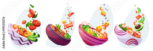 Poke bowl with flying rice and avocado, salmon fish and shrimp, onion and egg, cheese and tomato, seaweeds and salad. Cartoon vector set of traditional Hawaiian meal seafood and vegetables ingredients