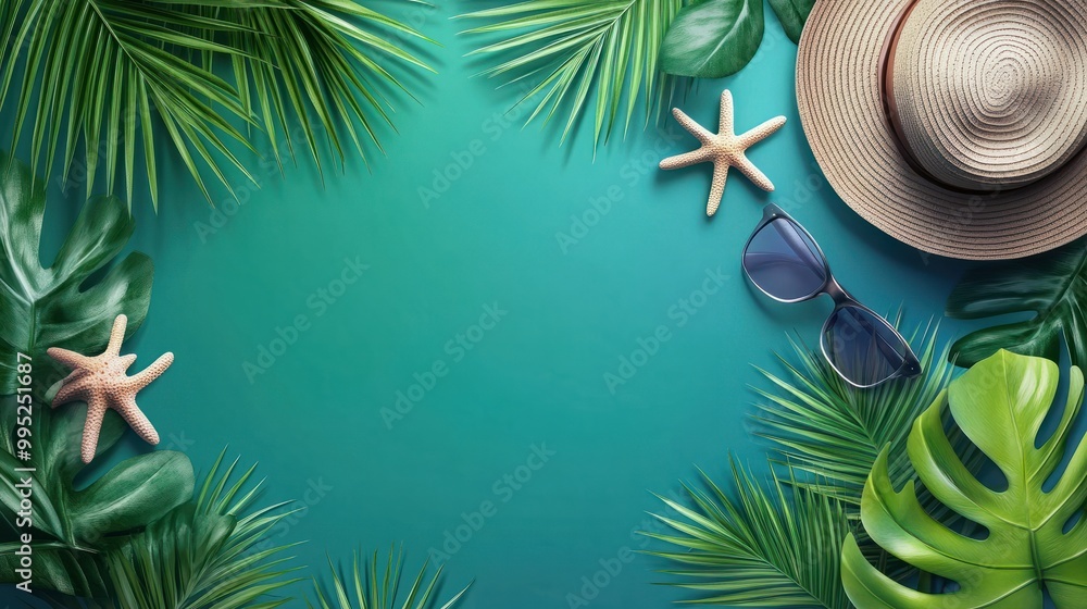 modern and stylish banner for filling with text on a marine theme, palm leaves and tropical plants, hat, glasses, sea card for promotions and sales modern and stylish banner for filling with text on a marine theme, palm leaves and tropical plants, hat, glasses, sea card for promotions and sales